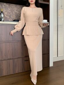 Modelyn Women's Solid Color Pleated Long Sleeve Top And Skirt Knit 2 Pieces Set - Khaki - View 6