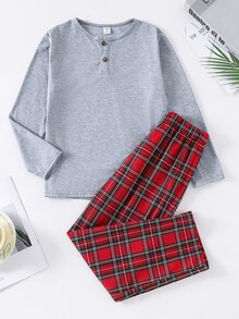 SHEIN 青少年男孩百搭鈕扣半開襟上衣與格紋長褲家居服套裝 - 彩色 - 查看 10