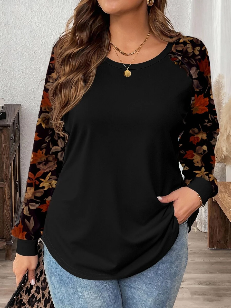 SHEIN LUNE Plus Size Women's Vacation Patchwork Floral Print Raglan Long Sleeve Round Neck T-Shirt - Multicolor - View 1