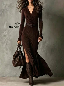 LUMIGAL Women's V-Neck Long Sleeve Waist-Cinching Hem Split Dress - Coffee Brown - View 1