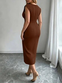 Elenzga Women's Plus Size French Elegant Solid Color Padded Shoulder Sleeveless Dress, High Waist Side Tie Ruched Flattering Asymmetrical Hem Midi Dress For Commute - Chocolate Brown - View 2