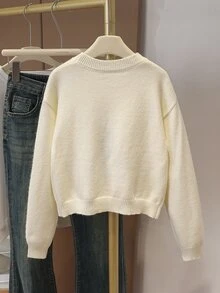 SHEIN 女童秋冬時尚簡約休閒櫻桃圖案提花圓領灰色落肩長袖針織毛衣 - 白色 - 查看 2