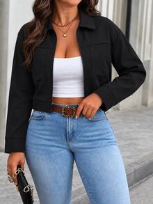 EMERY ROSE Women's Short Jacket With Lapel Collar, Zipper Front, Basic Daily Style, Dual Chest Pockets, Loose Fit - Black - View 4