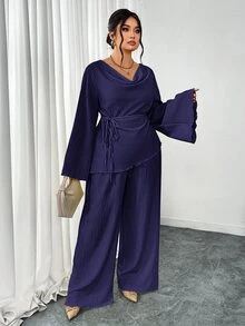 Firerie 大尺碼女款春/秋舒適休閒優雅度假居家垂領喇叭袖T恤與直筒鬆緊腰長褲兩件套 - 紫羅蘭色 - 查看 5