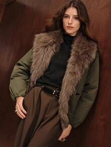 Anewsta Women's Plush Patchwork Casual Versatile Winter Padded Coat - Army Green - View 7