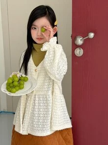 Dazy Kids Tween Girl V-Neck Single-Breasted Dropped Shoulder Long Sleeve Loose Fit Blouse - Beige - View 1