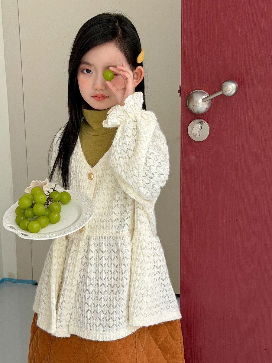Dazy Kids Tween Girl V-Neck Single-Breasted Dropped Shoulder Long Sleeve Loose Fit Blouse - Beige - View 1