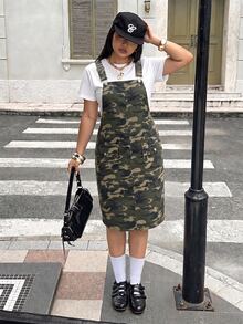Rivivi Plus Size Women's Camouflage Casual Versatile Washed Denim Overall Dress - Multicolor - View 7