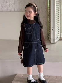 Dazy Kids Young Girl) Round Neck Contrast Stitching Sleeveless Vest Style Autumn Denim Dress - Dark Wash - View 3