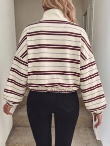 Easowa 女款條紋落肩長袖拉鍊口袋休閒運動衫 - 酒紅色 - 查看 3