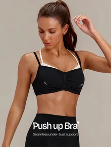 GLOWMODE Seamless Sun Chaser Mock 2-In-1 Sports Bra With Ruched Bust Push-Up Design & Removable Cups Low Impact Yoga Pilates Studio Active Wear - Black - View 1