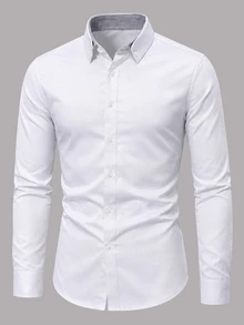 Manfinity Bizformal Men's Long Sleeve Shirt, Fine Striped Contrast Color Double Layer Collar Design, Suitable For Daily Commute, Casual, Party And Various Occasions - White - View 6