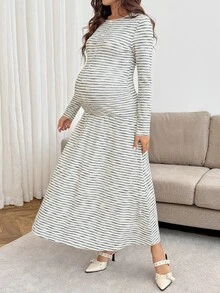 SHEIN Maternity Striped Round Neck Long Sleeve Ruffle Hem Elegant Dress - Multicolor - View 3