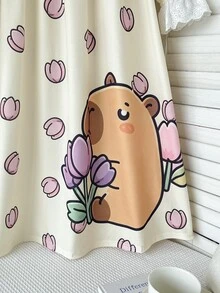 SHEIN Tween女孩卡通圖案蕾絲飾邊V領長袖寬鬆休閒甜美居家睡裙，度假休閒居家長袖卡通印花洋裝，秋季/冬季/四季皆宜 - 彩色 - 查看 5
