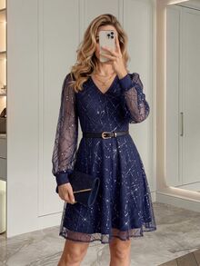Medorina Elegant Luxury, Sequin Geometric, Formal Dress, Sheer Mesh, Navy Blue Gold, A-Line Belted, Wedding Guest Party, Christmas, Fall Winter - Navy Blue - View 1