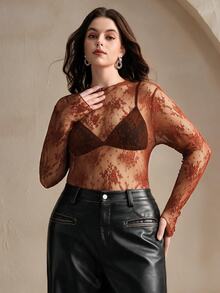 Anewsta Sexy Sheer Lace Long Sleeve Top - Burnt Orange - View 1