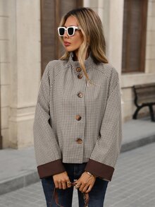 Brillora Gingham Plaid Stand Collar Button Front Contrast Cuff Raglan Sleeve Jacket,All-Season Casual Short Trench Coat Jacket, Shopping, Daily Commute - Brown - View 10