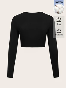 SHEIN BASICS 女款素色休閒日常長袖T恤 - 黑色 - 查看 2