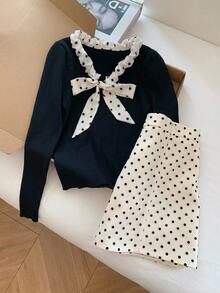 Muvela Women's Colorblock Polka Dot Bow Decor Long Sleeve Top And Skirt Elegant Set - Black and White - View 6