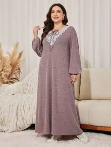 Lacomfia Women's Lantern Sleeve Embroidered Patchwork Casual Daily Versatile Autumn Pink Plus Size Dress - Pink - View 7
