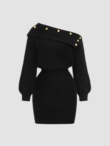 Sweetra Vintage Gold Buckle Off-Shoulder Bodycon Knit Dress - Black - View 1