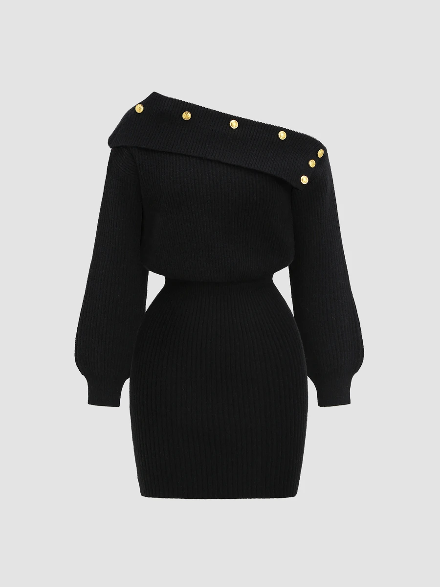Sweetra Vintage Gold Buckle Off-Shoulder Bodycon Knit Dress - Black - View 1