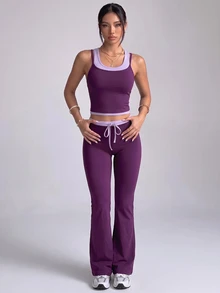 SHEIN With My Calm ColorBlock Waist Drawstring Flared Swim Pants, High Waist Beach Trousers - Purple - View 4