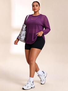 SHEIN Rhythm Era Plus Size Women Solid Color Long Sleeve Casual Fitness Sports T-Shirt - Bold Plum - View 2
