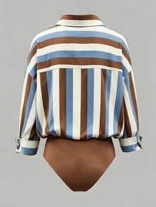 Olithes Women's Vintage 2 In 1 Colorblock Striped Elegant Lapel Bodysuit - Coffee Brown - View 2