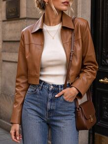 RosyDaze Women's Solid Color PU Leather Fashion Versatile Long Sleeve Jacket - Brown - View 1