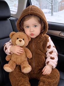 SHEIN Baby Girl Heart Print Thick Plush Patchwork Contrast Color Hooded Zip-Up Jacket With Cuffed Hem And Straight Leg Solid Color Plush Pants, Suitable For Winter - Brown - View 8