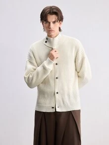 RONVEXI Men's Solid Color Drop Shoulder Long Sleeve Single-Breasted Knit Cardigan - Beige - View 7
