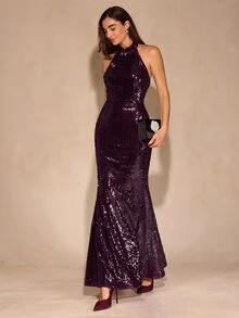 Enchnt Women's Sequin Elegant Cinched Waist Halter Neck Long Dress For Party - Red Violet - View 5