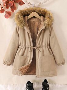 Baby Girl Plush Patchwork Thermal Lined Casual Versatile Long Sleeve Hooded Winter Jacket - Khaki - View 5