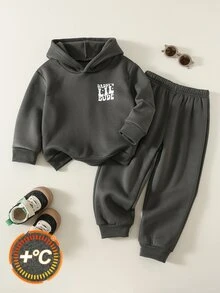 SHEIN 2件組小男孩秋冬休閒字母印花連帽衛衣與長褲運動套裝 - 彩色 - 查看 2