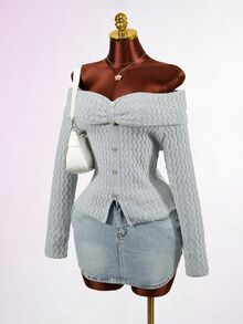 Mistrie Autumn Minimalist Sexy Style Off-Shoulder Lapel Knit Top Women's Twisted Cable Texture Single-Breasted Slim Fit Flattering Long Sleeve Sweater - Grey - View 5