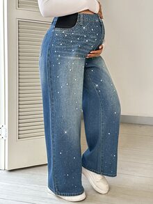 SHEIN Maternity Button Casual Daily Wear Denim Jeans Christmas Jeans With Glitter Winter - Blue - View 6