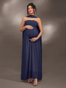 Cheriluna Maternity Elegant Ruffle Detail Solid Color Off-Shoulder Sleeveless Maternity Dress For Baby Shower, Christmas Party - Royal Blue - View 3