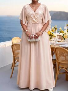 SHEIN Lady Plus Size Women's Contrast Lace Ruffle Sleeve Elegant Dress - Multicolor - View 1