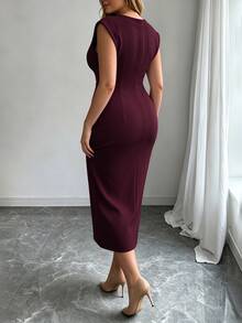 Elenzga Women's Plus Size French Elegant Solid Color Padded Shoulder Sleeveless Dress, High Waist Side Tie Ruched Flattering Asymmetrical Hem Midi Dress For Commute - Burgundy - View 2