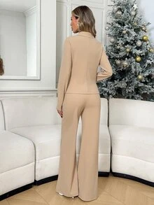 Easowa Women's Solid Color Long Sleeve Single-Breasted Top And Flare Pants Casual 2 Pieces Set - Khaki - View 5