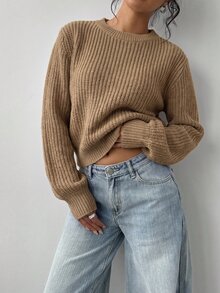 SHEIN BASICS 女款純色圓領寬鬆休閒毛衣 秋冬服飾 - 卡其色 - 查看 5