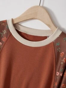 Rusticease Plus Size Brown Round Neck Half Sleeve Sweatshirt Casual Streetwear Summer 2026 Thanksgiving Vacation Beach - Brown - View 4