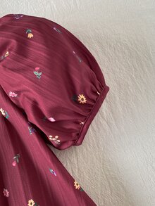 Souflis Souflis 女童公主洋裝 優雅酒紅色蝴蝶結碎花印花 泡泡袖高領輕盈 A字裙 生日派對夏季秋季度假款 - 酒紅色 - 查看 5