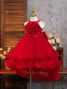 SHEIN 女童純色蝴蝶結裝飾掛脖亮片拖尾公主禮服 - 酒紅色 - 查看 3