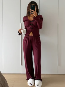 DAZY Women's Solid Color Frill Trim Bow Decor Long Sleeve Top And Pants Pajama Set - Burgundy - View 4
