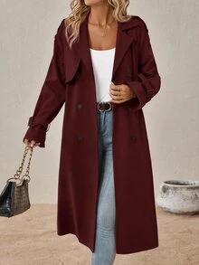 SHEIN Clasi 黑色優雅落肩袖雙排扣綁帶風衣，適合秋季辦公與旅行 - 酒紅色 - 查看 4