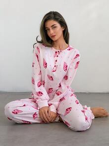 Livesso Women's All-Over Print Long Sleeve Top And Pants Casual Daily Pajama Set - White - View 5