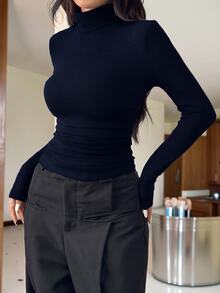SHEIN EZwear Encore 酒紅色針織高領修身長袖 T-shirt 女款 高領上衣 休閒居家上班外出秋季休閒款 - 藏蓝色 - 查看 5