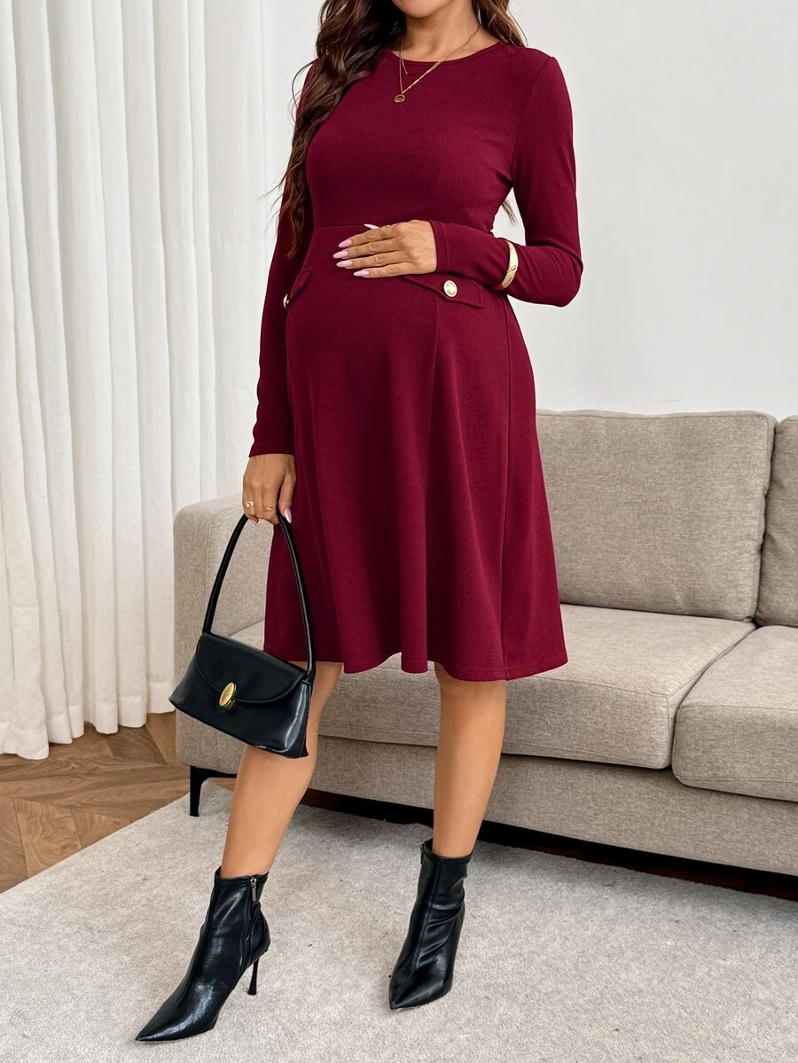 SHEIN 孕婦純色圓領長袖鈕扣設計優雅洋裝 - 酒紅色 - 查看 1